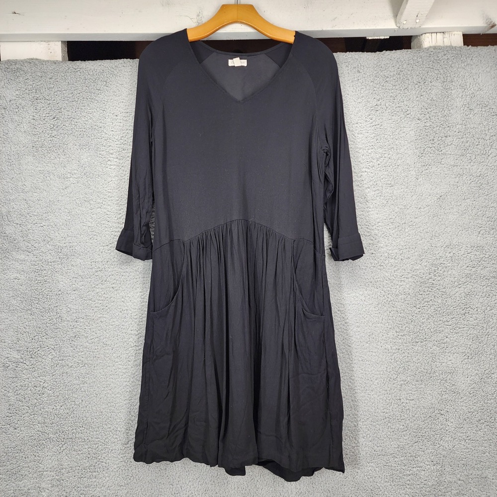 Garnet Hill Black Viscose V-Neck Dropped Waist Pocket‎ Dress Womens 8
